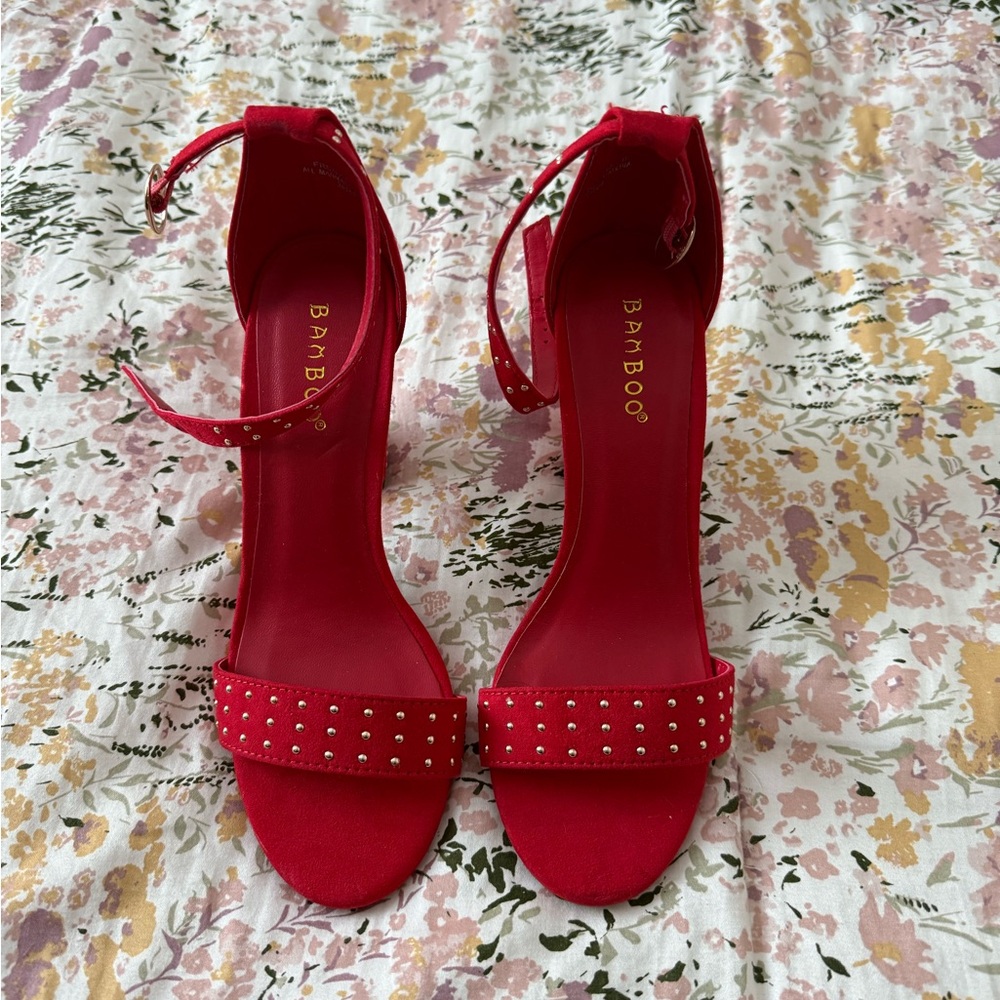 Bamboo Women's Vibrant Red Studded Heels